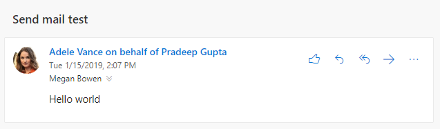 A screenshot of Outlook on the web indicating that a message was sent by one user on behalf of another