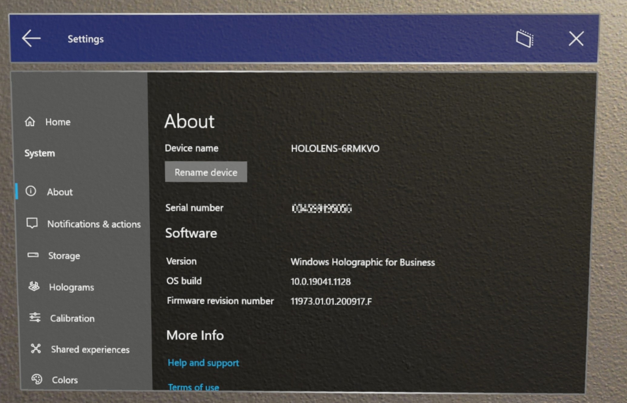 HoloLens 2 Settings screen.