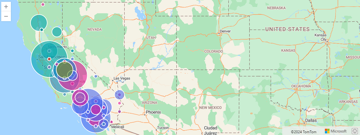 Screenshot of storm events in California rendered on a map by event type as pie chart indicators.