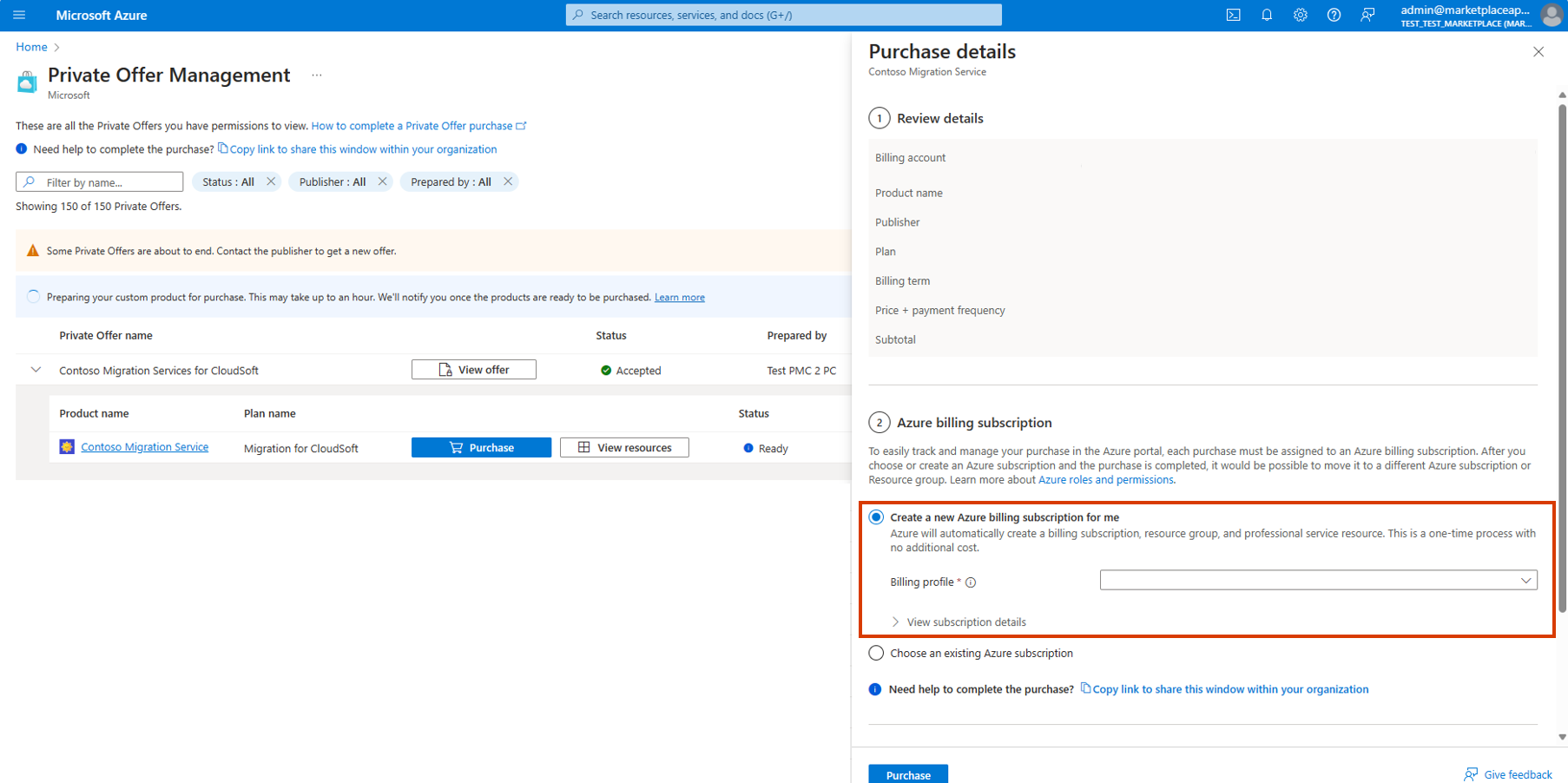 Screenshot that shows the purchase details page with the option to create a new subscription selected.