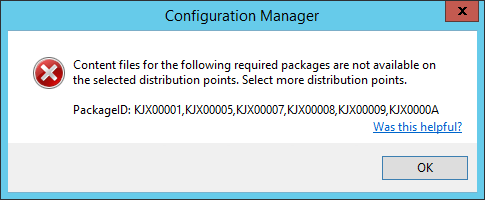 Error message during task sequence media wizard when content isn't available on distribution points that lists the missing package IDs.