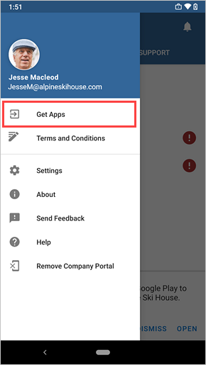 Screenshot of the Company Portal menu, highlighting the Get Apps link.