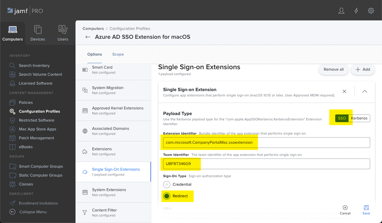 Screenshot that shows the Jamf Pro portal and the payload type, extension identifier, team identifier, and SSO type settings for macOS devices.