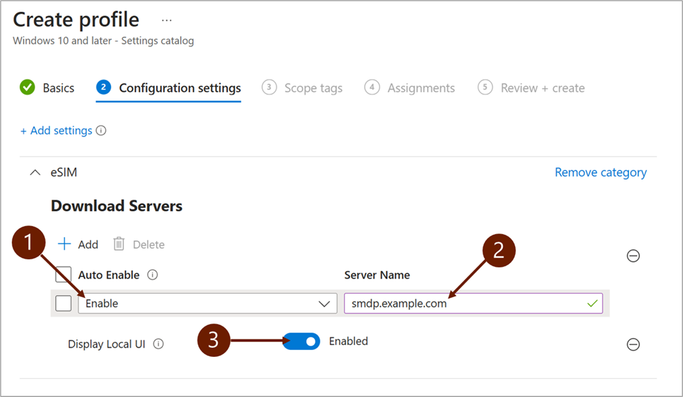 Screenshot that shows the configuration settings when adding an eSIM download server in Microsoft Intune.