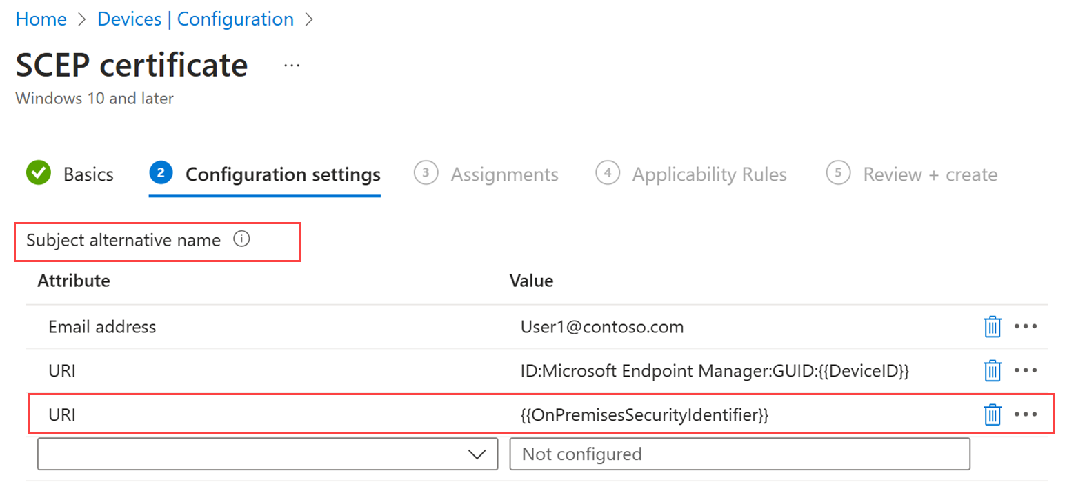 Screenshot of the SCEP certificate profile highlighting the Subject alternative name section and completed URI and Value fields.