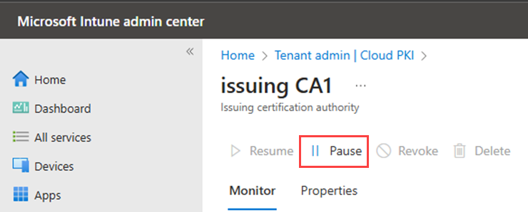 Example screenshot highlighting the Pause action for Cloud PKI.