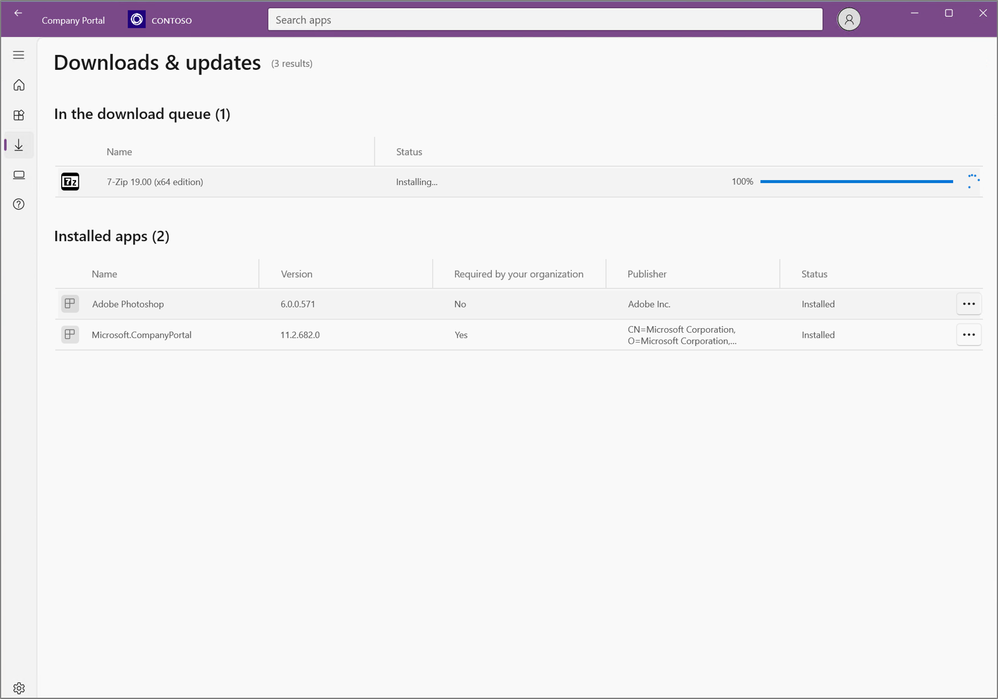 Screenshot of the Downloads & updates page for the Company Portal app for Windows. 