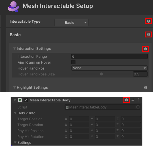 A screen shot of the Mesh Interactable components with the context sensitive help button highlighted.