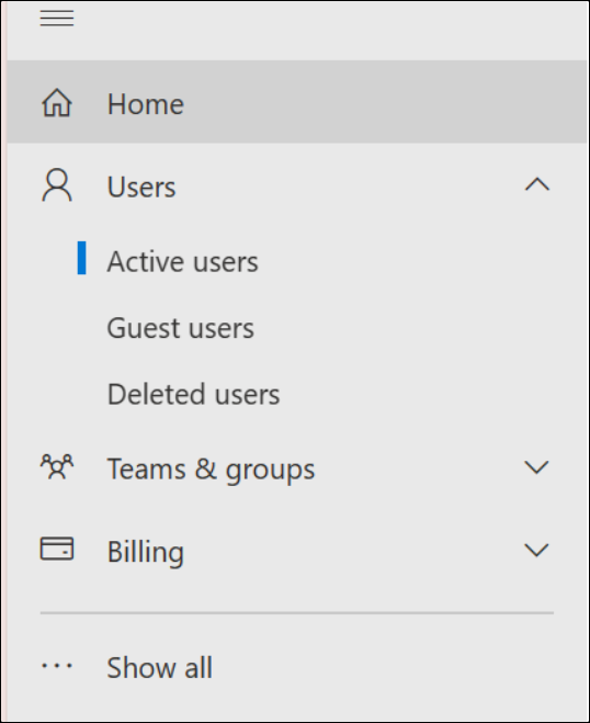 Screenshot of left nav panel in M365 admin center.