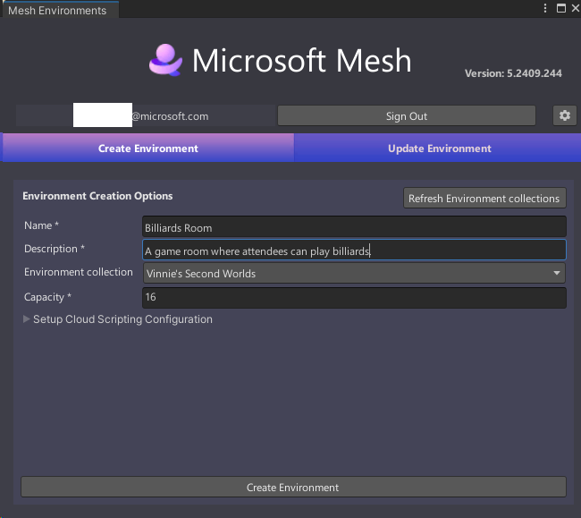 A screenshot of the Mesh Uploader window in the Create Environment tab with information for the BilliardsRoom Environment.