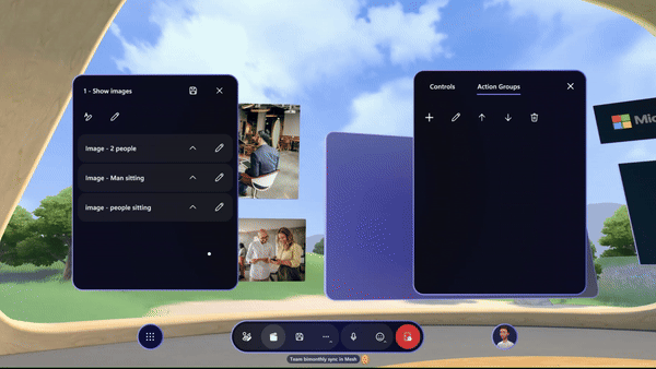 Gif showing an avatar in the Mesh app choosing the controls for objects that they want to be in the Action Group.