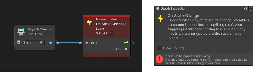 Screen shots of the On State Changed event node connecting to the result of comparing a Get Variable node to an integer literal, no polling.