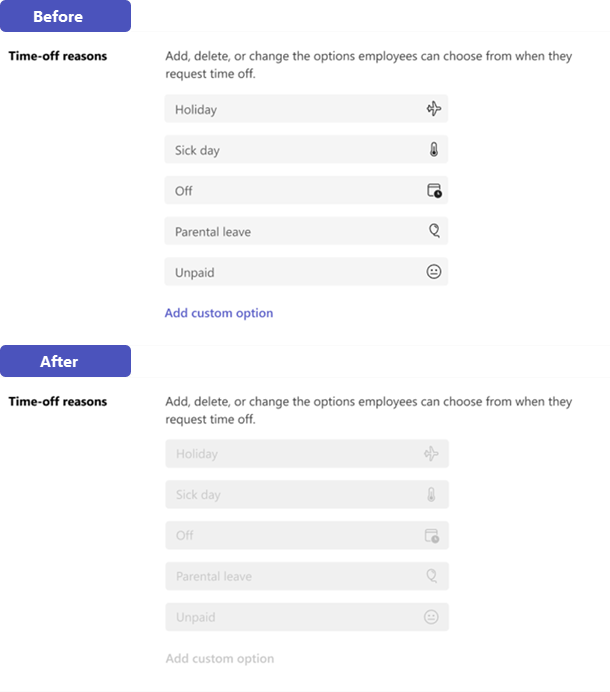 Example of the time-off reasons option in Shifts for department managers before and after removing their permissions to use it.