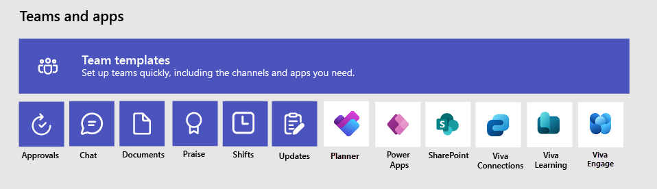 Diagram of teams, team templates and apps that can be included.