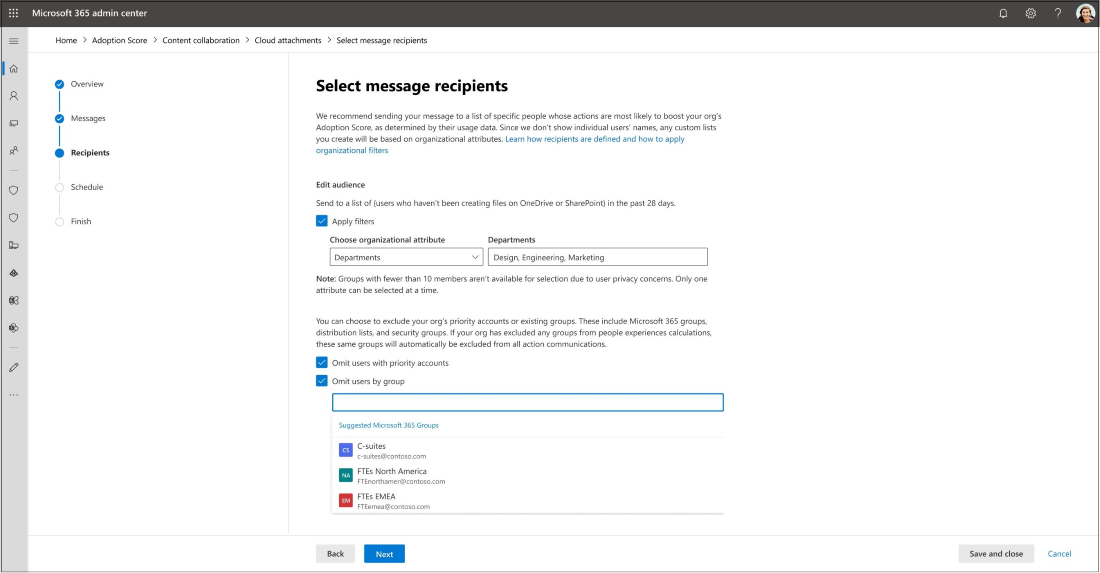 Screenshot: Select recipients for Organizational Messages in Adoption Score.