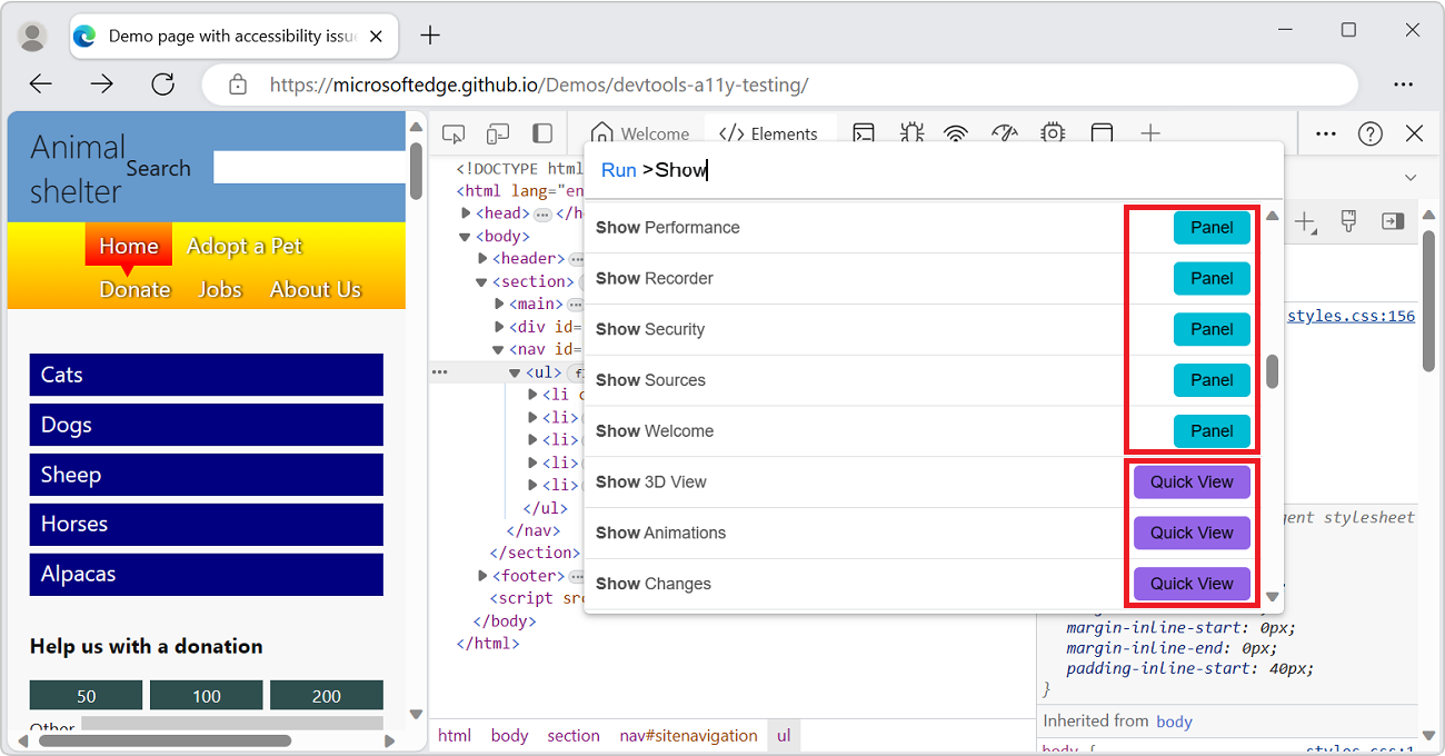 The Command Menu, showing the Panel tools grouped together, and then the Quick View tools