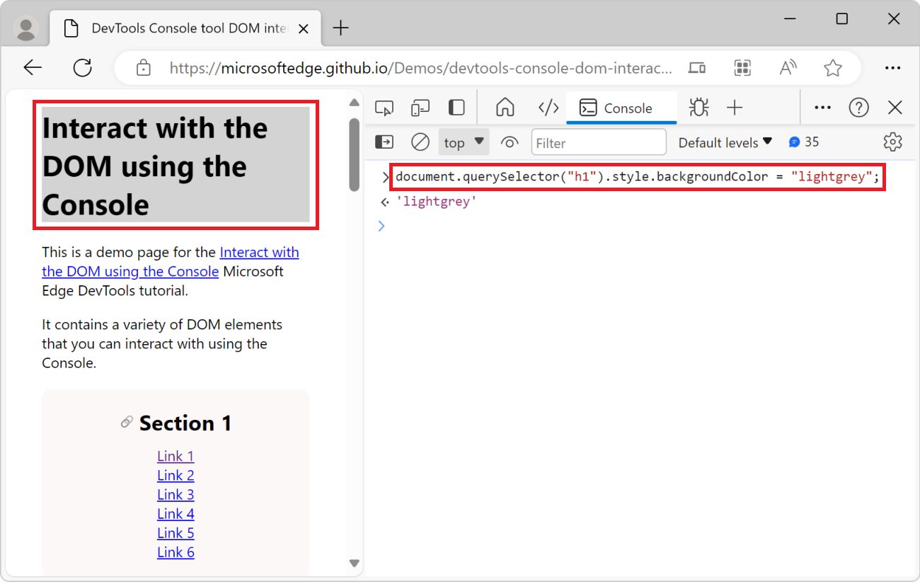 The Console tool, showing the above JavaScript code, and the webpage showing the grey title