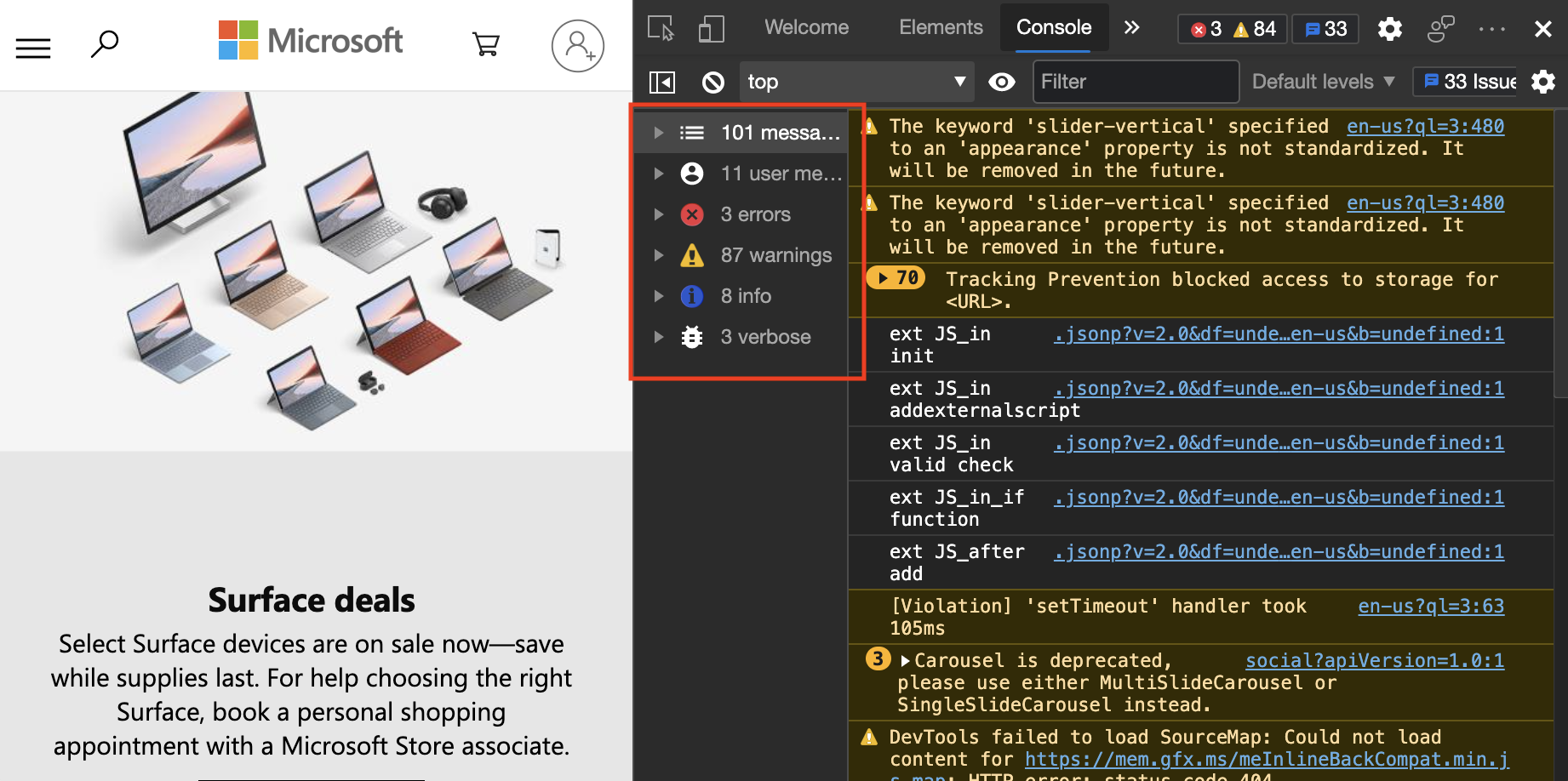 The Console Sidebar displays the different sources where messages originated from