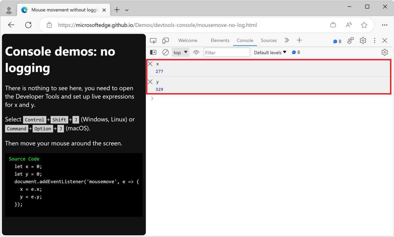 The Console tool, with the x and y live expressions, showing the coordinates of the mouse in the rendered webpage