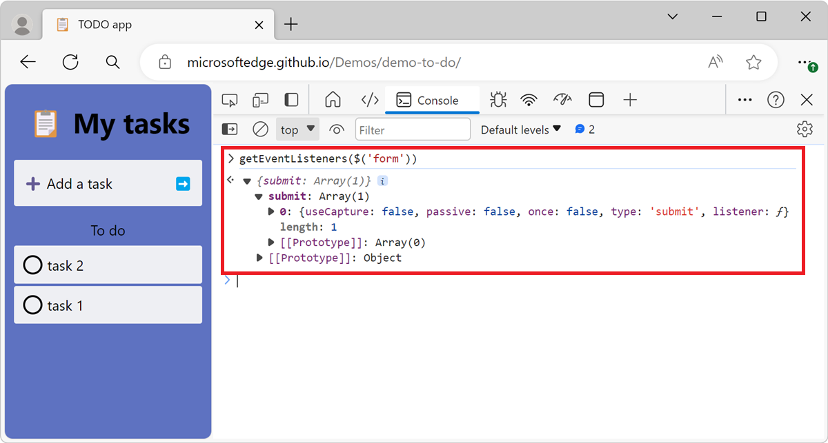 Output of using getEventListeners(form)