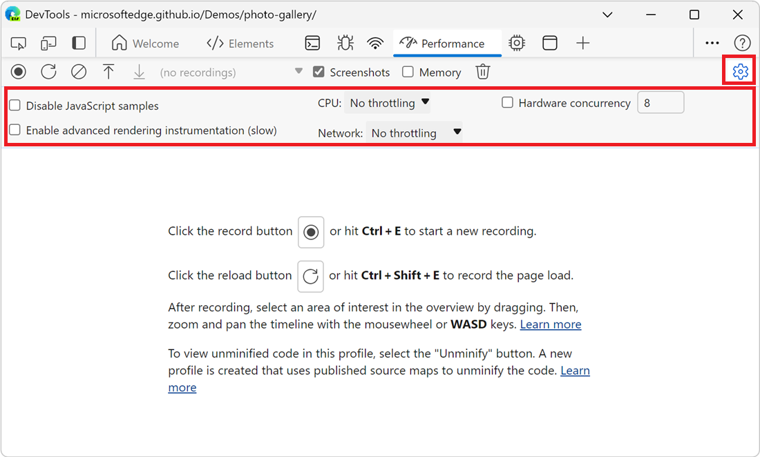 The Capture Settings section at top of the Performance tool