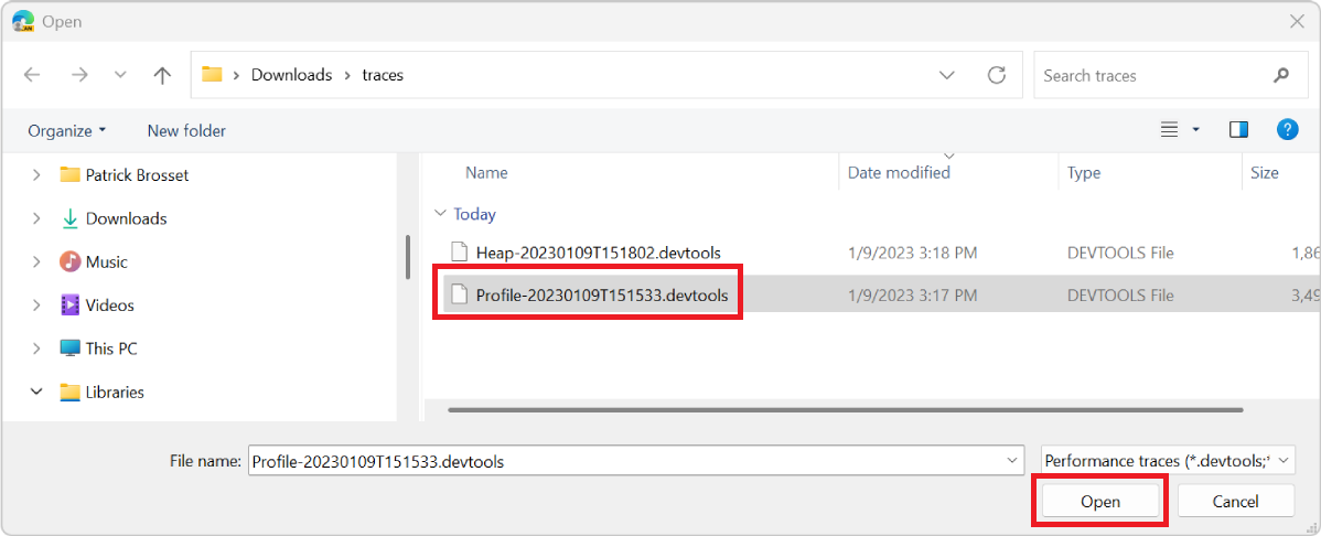 The Windows open dialog, showing a performance trace file