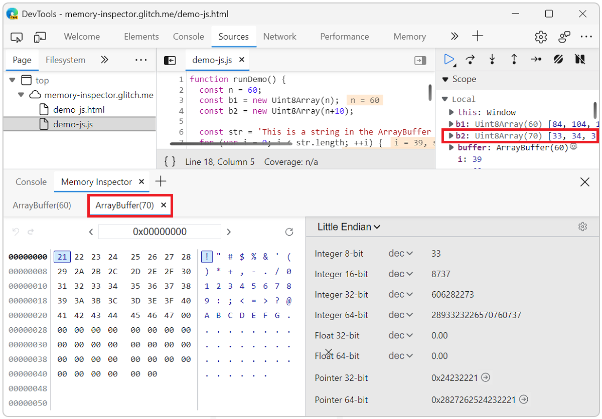 Two ArrayBuffer tabs open in the Memory Inspector panel