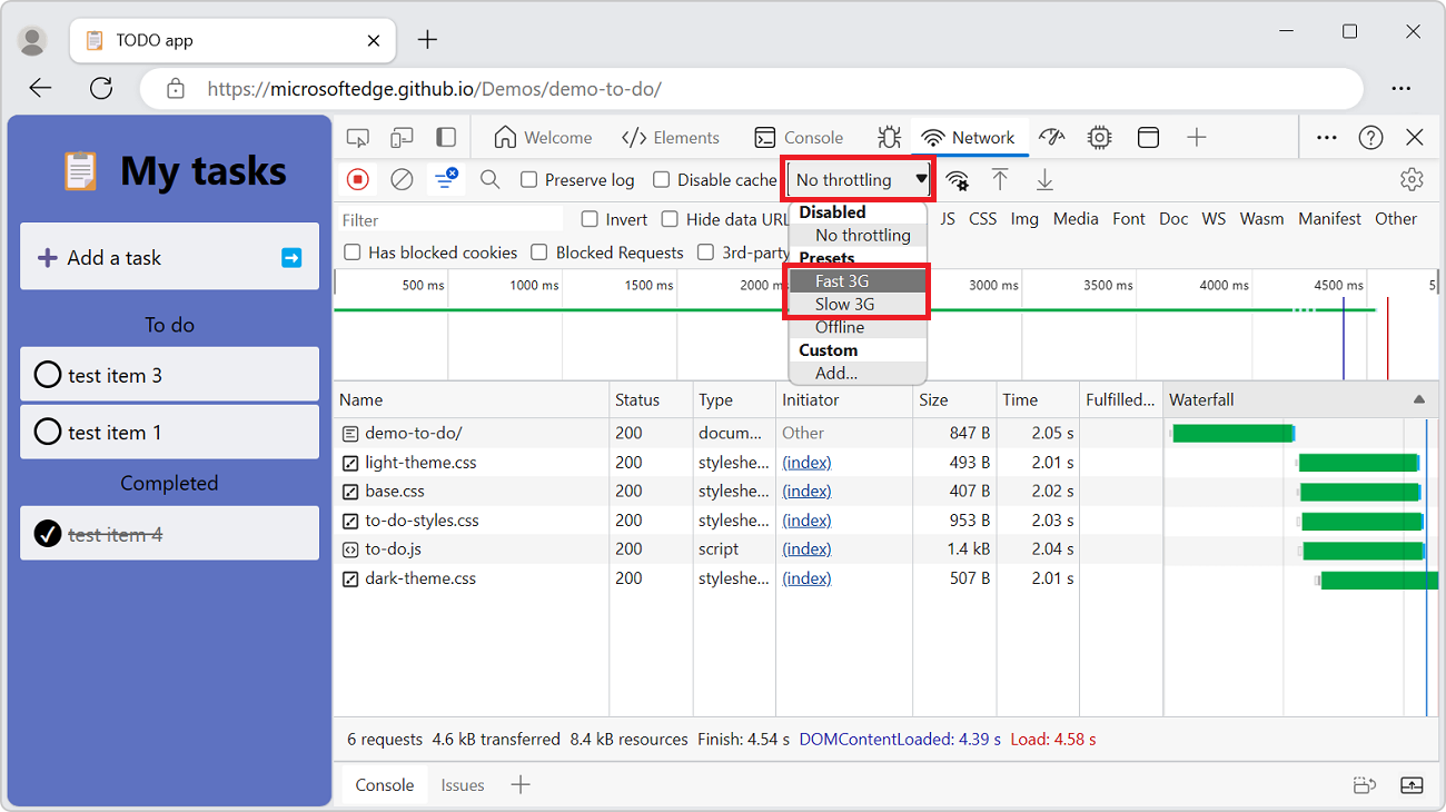 The Throttling dropdown menu