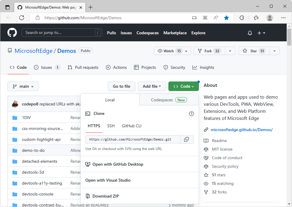 Cloning the MicrosoftEdge/Demos repo