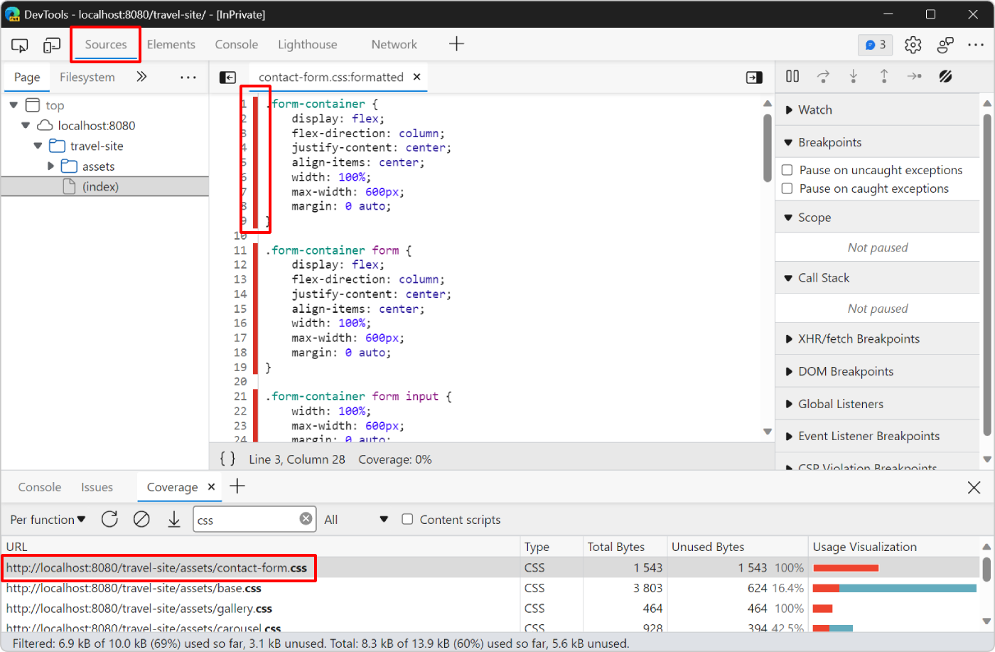 The contact-form.css file in the Sources tool, with red bars next to the unused lines
