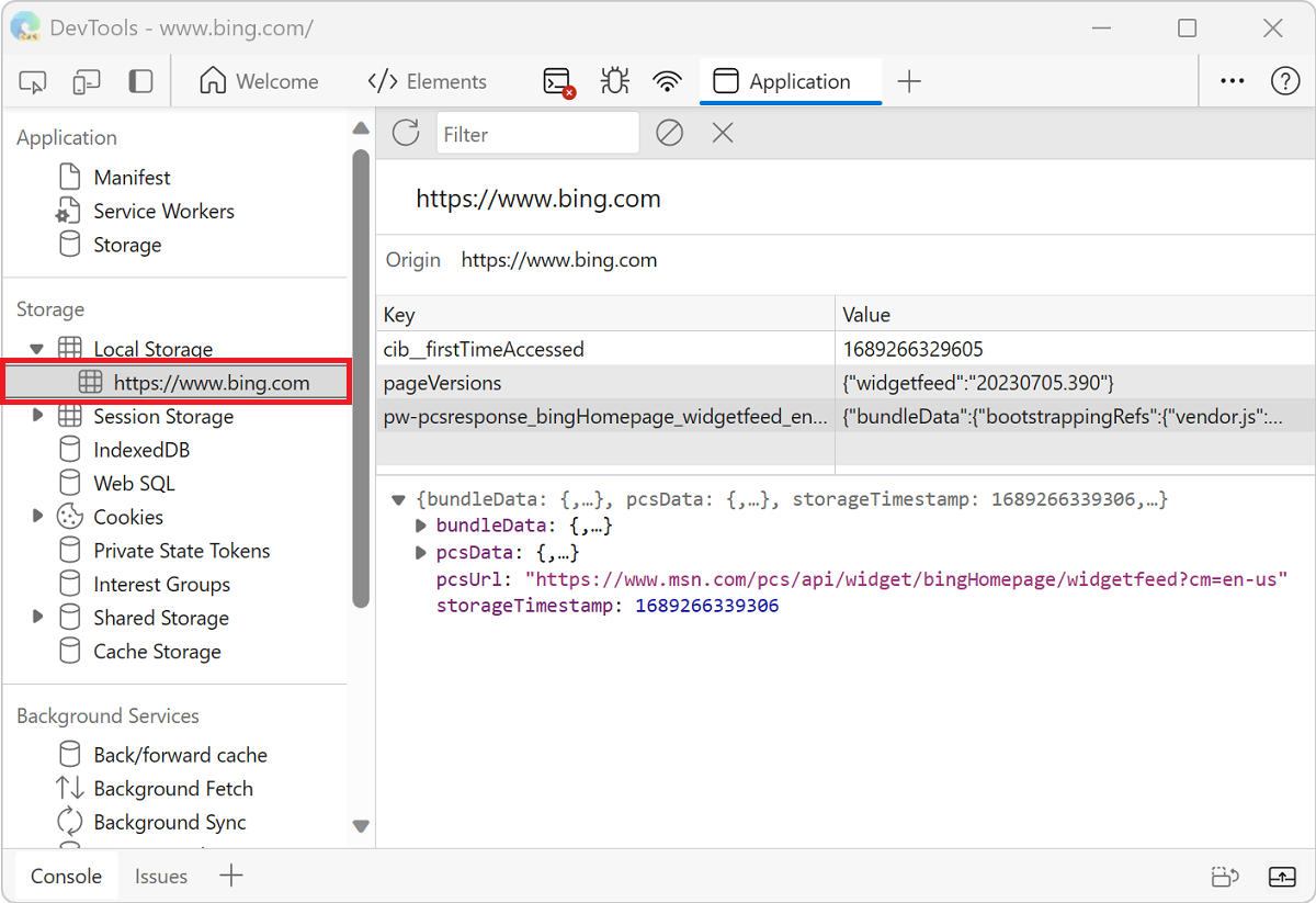 The localStorage key-value pairs for the https://www.bing.com domain