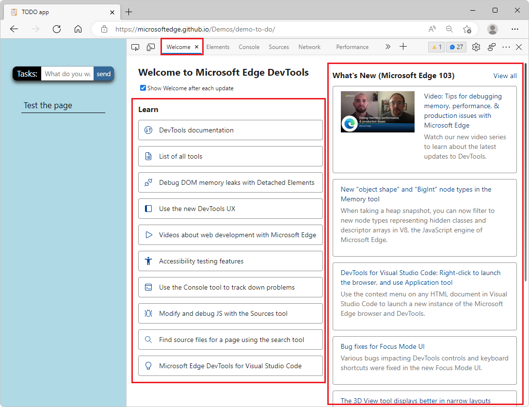The Welcome tool in Microsoft Edge DevTools