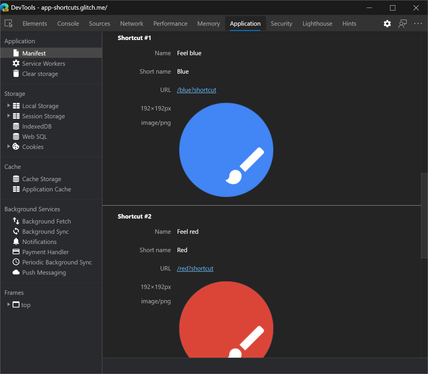 App shortcuts in the Manifest pane of the Application tool