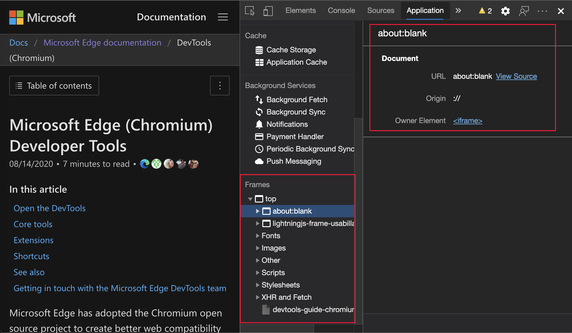 New detailed view for a frame in Application panel