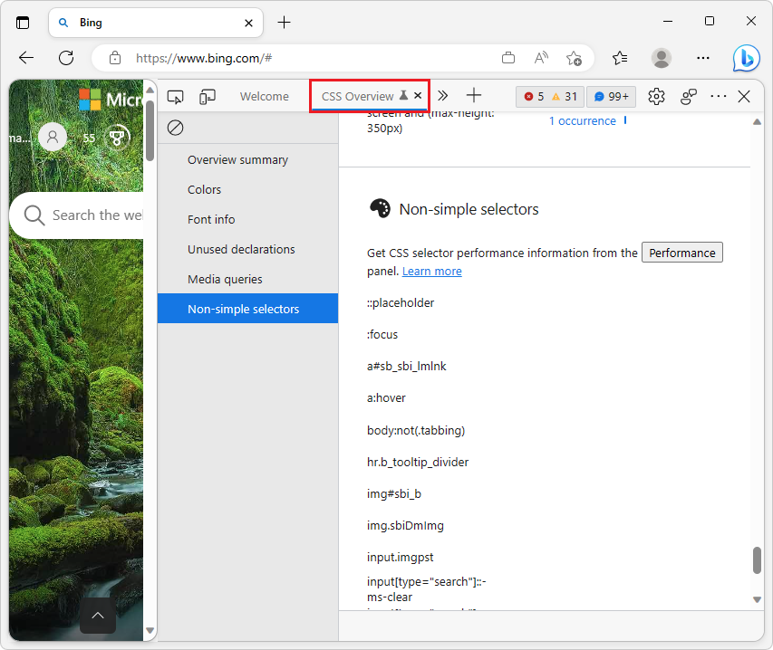 The new, Non-simple selectors list in the CSS overview tool