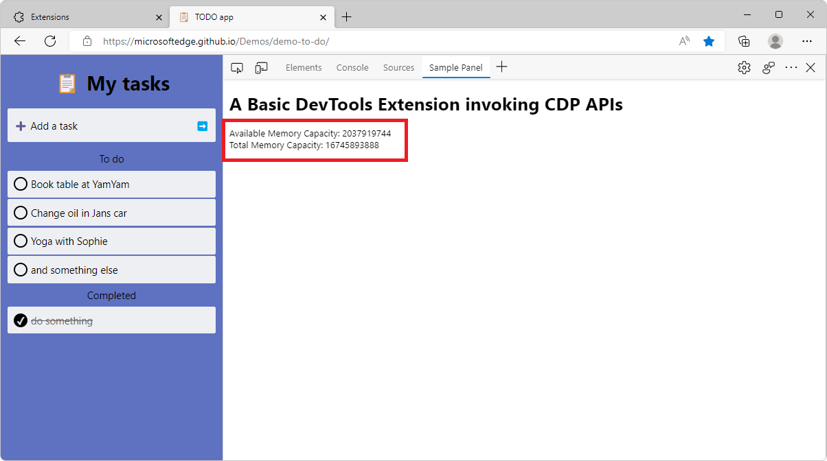 The new extension panel in DevTools, showing memory information