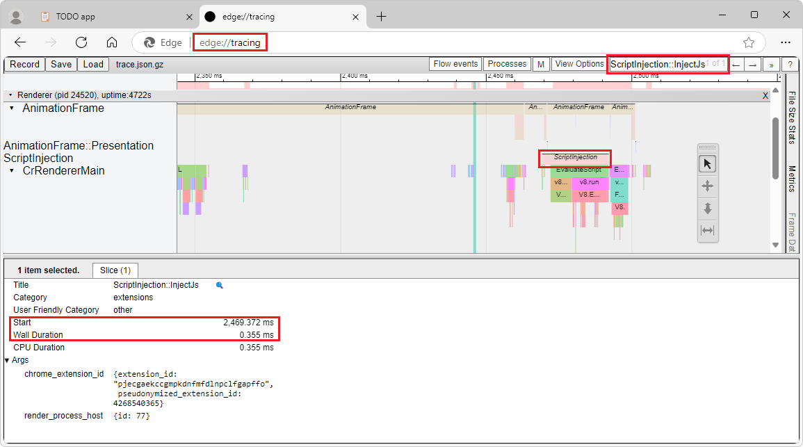 The Edge tracing tool showing a script injection event