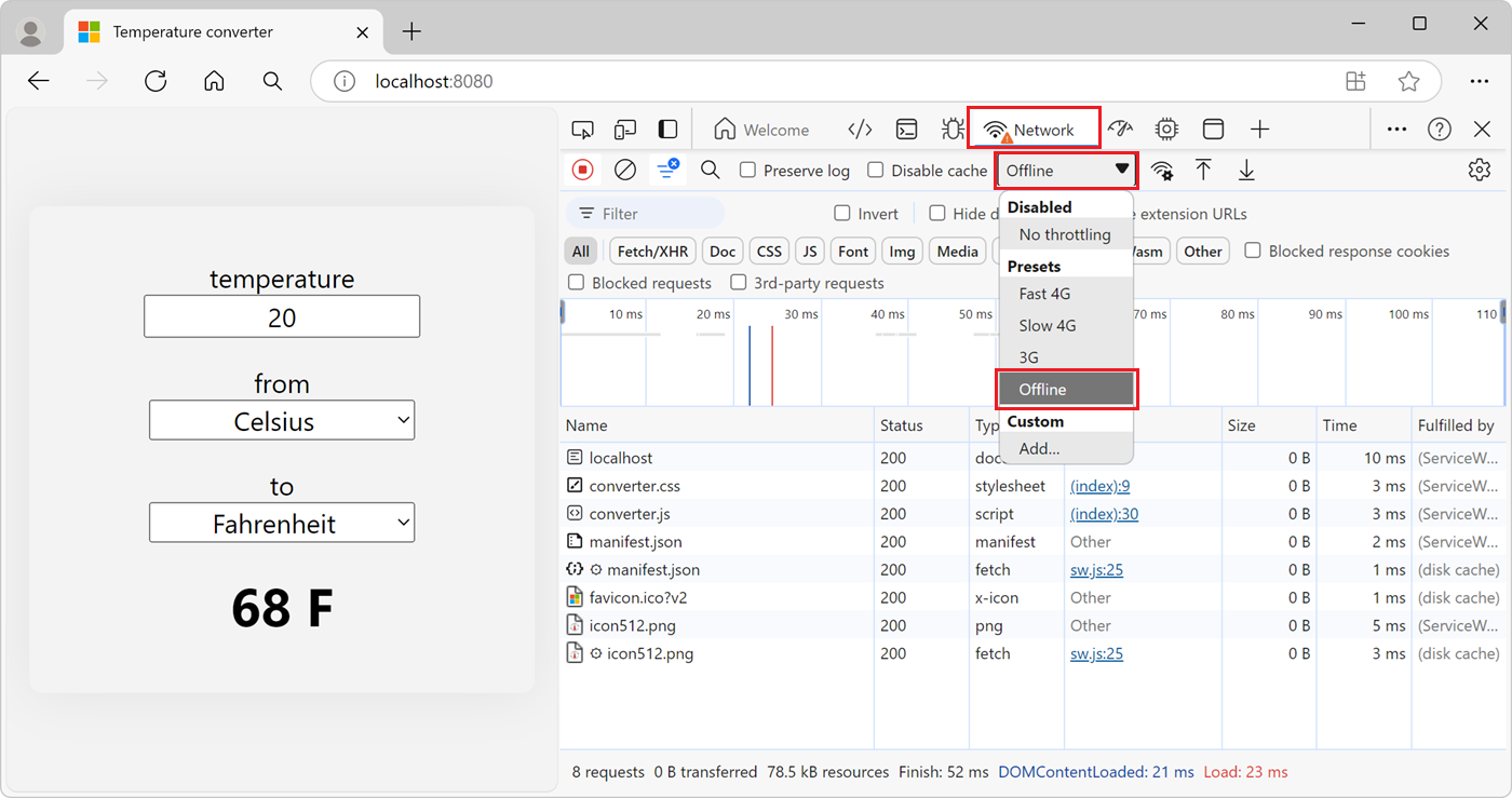 DevTools, showing where to switch the Throttling value to Offline