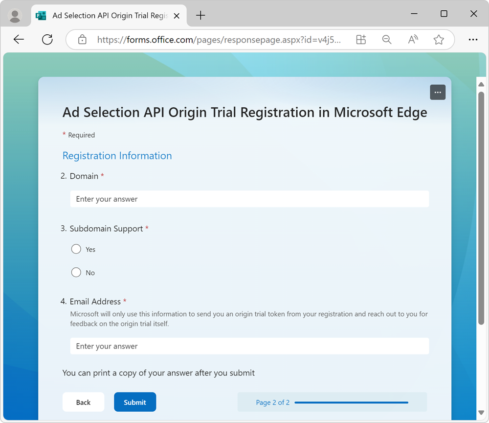 Registration form