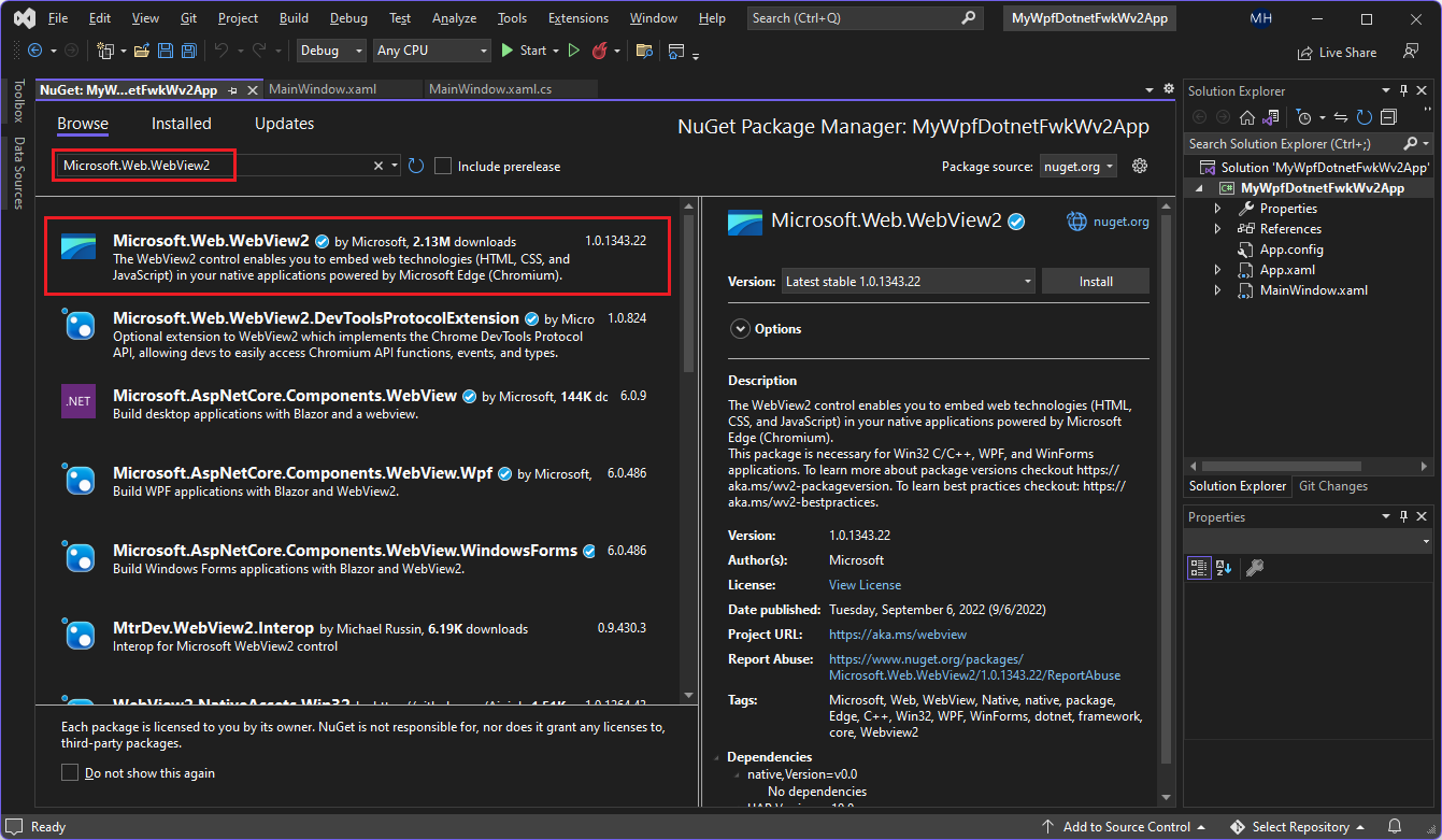 NuGet package manager dialog displays the Microsoft.Web.WebView2 package