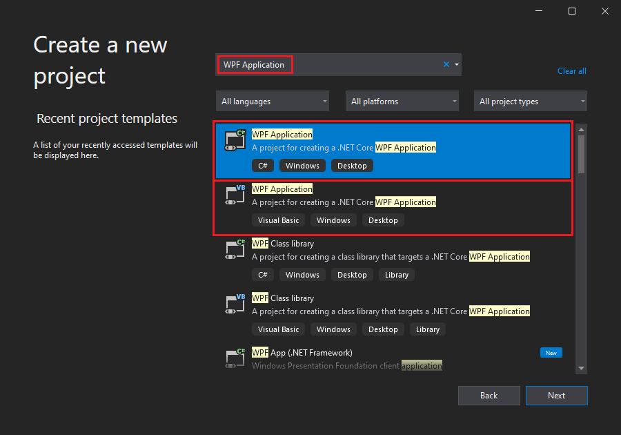 Selecting the template 'WPF Application: .NET Core WPF Application' in the 2019 'Create a new project' dialog