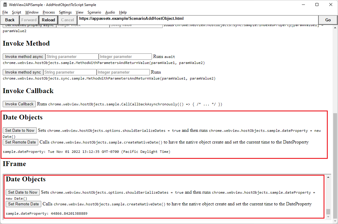 Bottom of Host Objects demo page