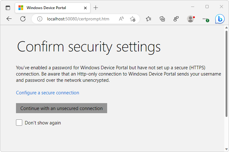 The 'Confirm security settings' page in the 'Windows Device Portal' tab