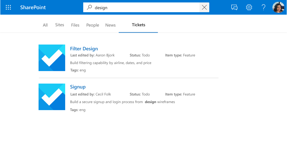 Diagram that shows a search for "design" displaying results for hits against the property title and content.