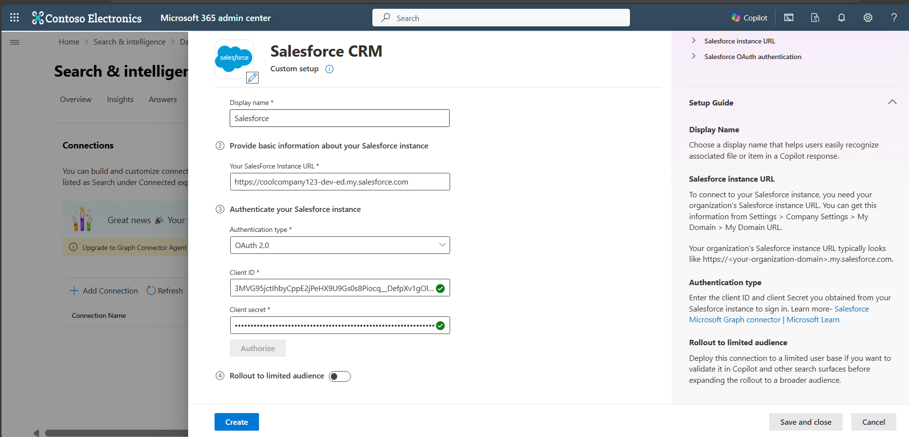 Screenshot of successful login. The green banner that says "Connection successful" is located under the field for your Salesforce Instance URL