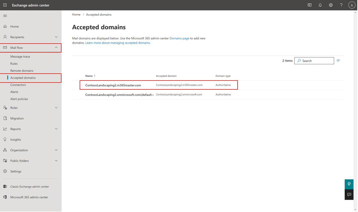 Image showing the Exchange admin center settings for Mail flow. 