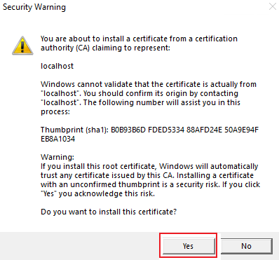 Screenshot of Security Warning with the Yes option highlighted in red.