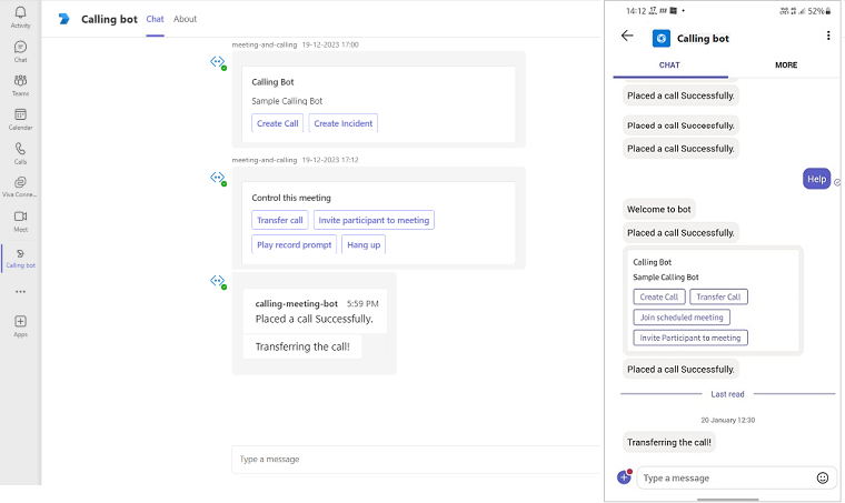 Screenshot of calling and meeting bot output after you've successfully completed the step-by-step guide.