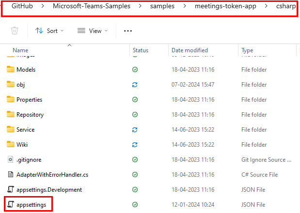 Screenshot of cloned repository with the file path and appsettings JSON file highlighted in red.