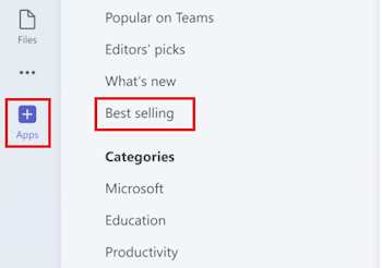 Screenshot shows the Best selling option highlighted in Teams Store.